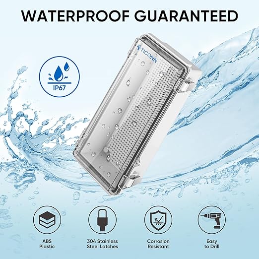 TICONN Outdoor Electrical Box Waterproof, Junction Box IP67 ABS Plastic Enclosure with Hinged Cover with Mounting Plate, Wall Brackets, Cable Glands (Clear, 10.2"x4.3"x3.0")