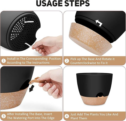 12 inch Large Self Watering Plant Pots, Flower Pots Planters with Multi Mesh Drainage Holes for Indoor Outdoor Garden Plants and Flowers.(Black)