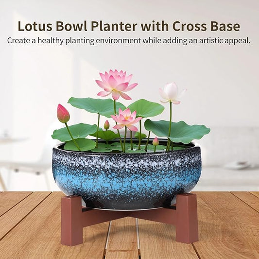 Lotus Bowl Planter with Cross Base, Ceramic Water Plant Bowl, Indoor Lotus Flower Pot with Starry Texture, Leakproof Bonsai Bowl, Hydroponic Planter for Aquatic Plants, Lilies, and Succulents
