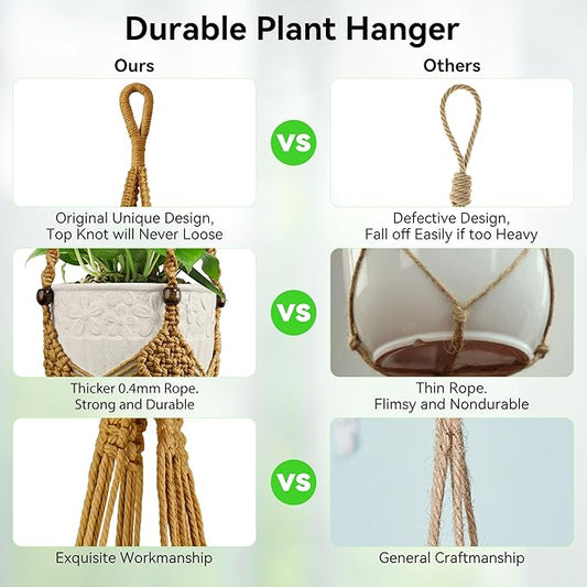 USLAI Macrame Plant Hanger Indoor Outdoor, Fits 3 to 6.5 inch Pots, Hanging Planter Holder with Beads and Tassels, Boho Home Decor, 35+35 Inch, Brown (POTS NOT Included)