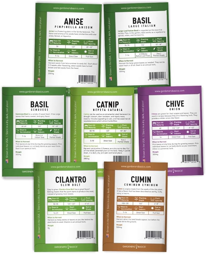 Gardeners Basics, 15 Herb Seeds for Planting Varieties Heirloom Non-GMO 5200+ Seeds Indoors, Hydroponics, Outdoors - Basil, Catnip, Chive, Cilantro, Oregano, Parsley, Peppermint, Rosemary and More