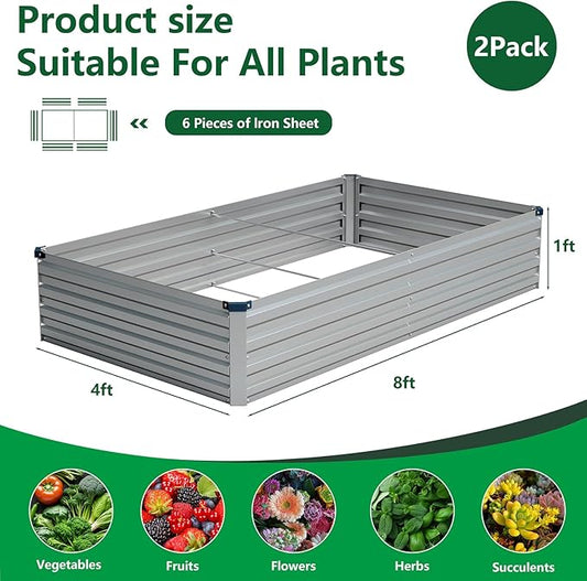 Vengarus 8x4x1FT (2 Pack) Galvanized Raised Garden Bed Kit, Outdoor Metal Planter Box for Vegetables, Rectangular Steel Container, Easy Assembly (Silver)