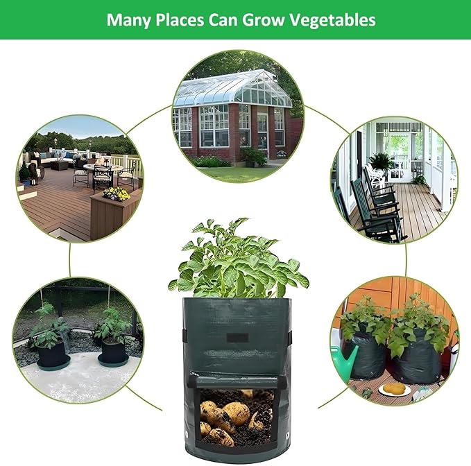 Potato Grow Bags,(5 Pack 10 Gallon) Garden Vegetables Growing Planter with Handles and Access Flap for Planting Potato Carrot Onion Taro Radish Peanut, (Dark Green)