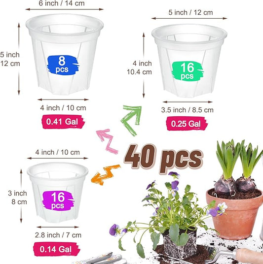 Clear Nursery Pots with Drainage, 40 Pack Transparent Plastic Orchid Planters, 3 Sizes Plant Pots 6/5/4 Inch with 40 Plant Labels for Seedlings, Succulents, Indoor/Outdoor Repotting