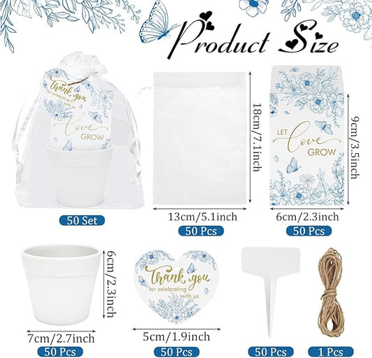 Cinrobiye 50 Sets Let Love Grow Wedding Favors for Guests Seed Packet Bags (Seed Not Include) with Tags & Labels Flowerpot for Bridal Shower Party Favors Bulk Wedding Souvenirs for Guests(Blue Floral)