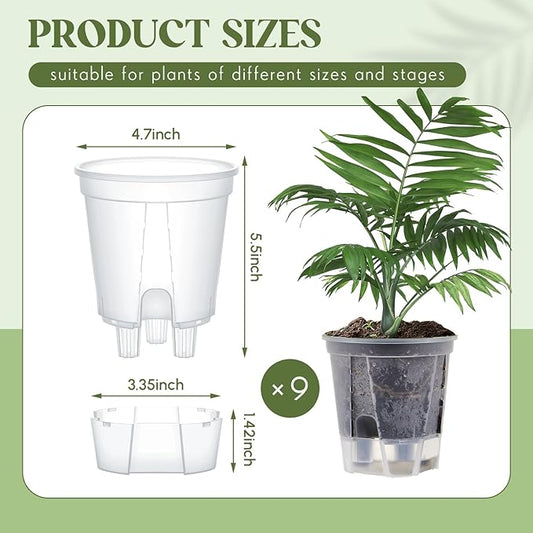 Self Watering Pots for Indoor Plants with Deep Reservoir and High Drainage Holes for Outdoor Plants and Flowers, Bare Root Planter(4.72'',Clear,9 Pcs)