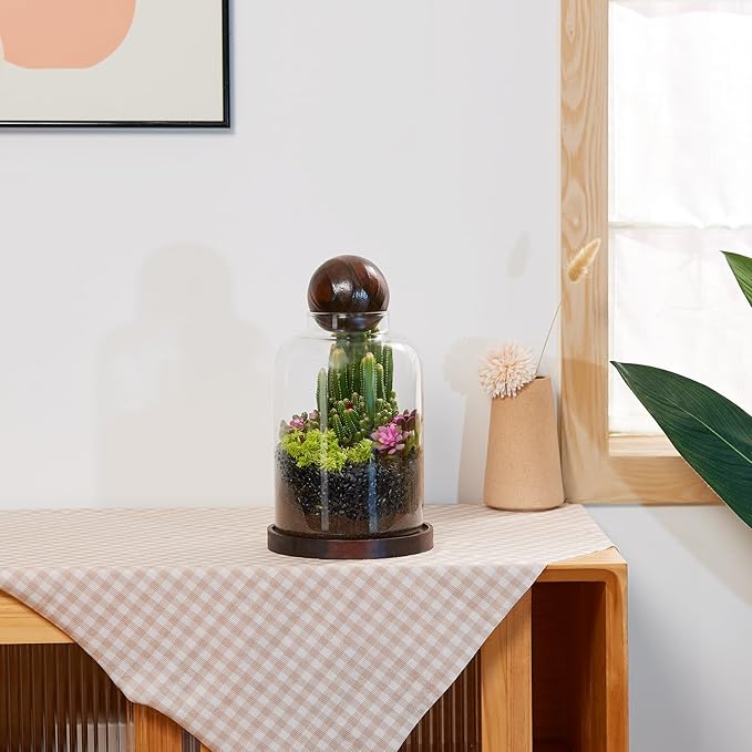 Yangbaga Large Glass Terrarium Succulent Plant Terrarium House for Plant/Moss Ball/Glass Fish Tank Table with Wood Base & Ball lid Office Home Decoration