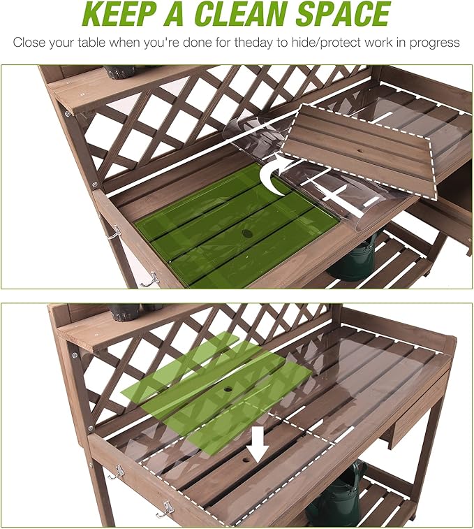 Outdoor Potting Bench, Wooden Garden Workstation Table w/Drawer, Open Shelf, Lower Storage- Extra PVC Layer