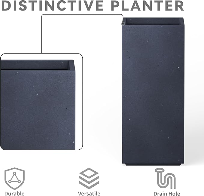 Kante 20.3" H Tall Rectangular Concrete Planter, Modern Square Diameter Plant Pot with Drainage Hole and Rubber Plug for Indoor Outdoor Home Patio Garden, Charcoal