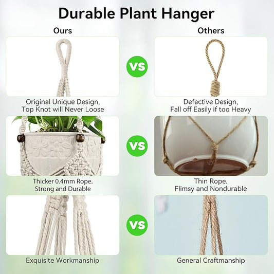 USLAI Macrame Plant Hanger Indoor Outdoor, Fits 3 to 6.5 inch Pots, Hanging Planter Holder with Beads and Tassels, Boho Home Decor, 35+35 Inch, Ivory (POTS NOT Included)