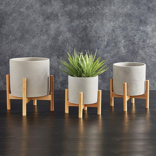 47th & Main Mid-Century Modern Wooden Plant Stand with Cement Planter for Succulents Flowers and More, Large, Light Grey