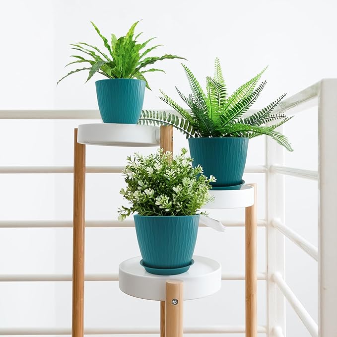 8/7/6 inch Plant Pots, 3 Pack Flower Pots for Outdoor Indoor Garden Plants, Large Planters with Multi Mesh Drainage Holes and Saucer (Black-Green, 8"+7"+6")