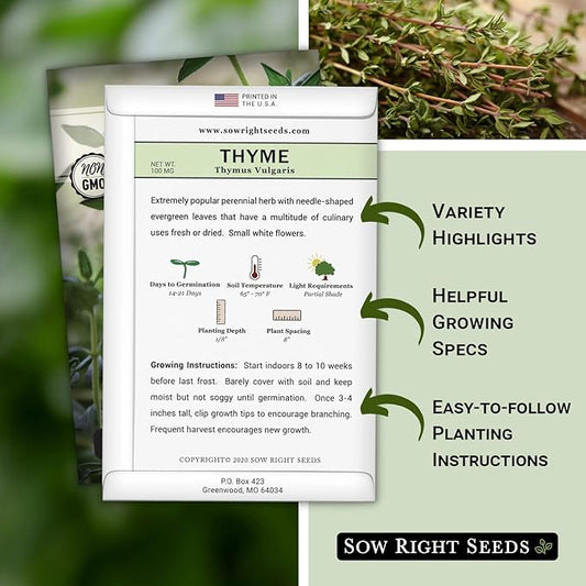 Sow Right Seeds - Thyme Seed for Planting - Non-GMO Heirloom Packet with Instructions for Easy Planting Your Kitchen Herb Garden - Indoor or Outdoor - Great for Hydroponics Growing - Culinary Herb (2)