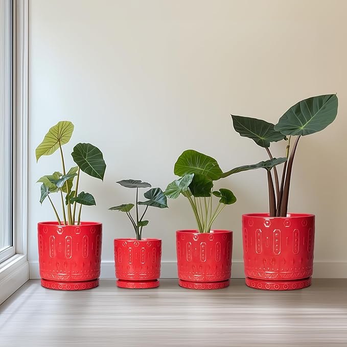 12 Inch Pots for Plants, Ceramic Pots for Plants Indoor Outdoor, Round Flower Pot with Drainage Holes and Saucers, Modern Decorative Planter, Home Porch Decor, Gardening Gifts, Red
