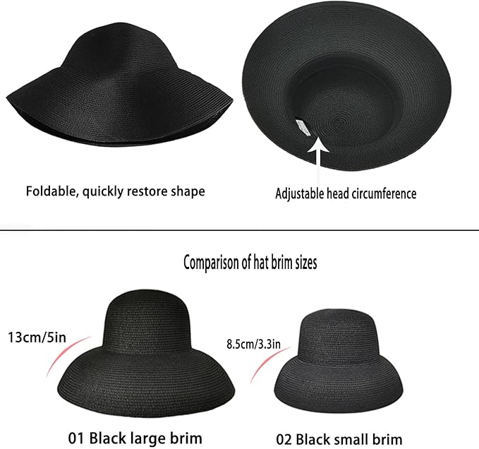 Wide-Brim Classic Elegant Style Foldable Straw Hat Women's Retro UV Resistant Sun Hats for Outdoor, Beach and Travel