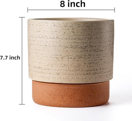 Self Watering Ceramic Planter: 8 Inch Plant Pot with Drainage Hole & Water Storage Plus for Outdoor & Indoor Plants, Succulents, Herbs - Flower Pot for Home or Office Decor - Brush