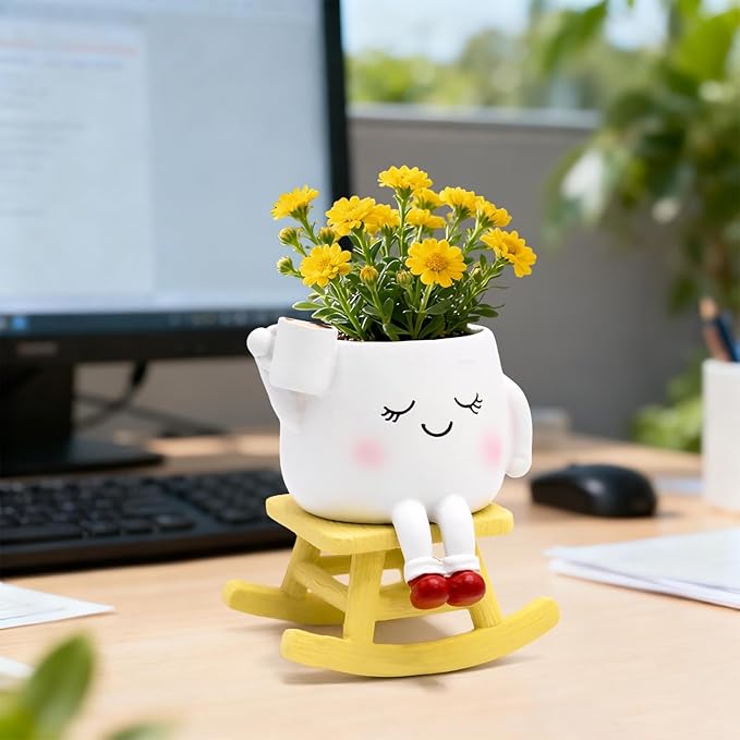 Smily Face Rocking Chair Planter -Cute Resin Book Coffee Succulents Plant Pots with Drainage Hole for Indoor Outdoor Garden, Gift IdeaI for Mother Appreciation Christmas (White)