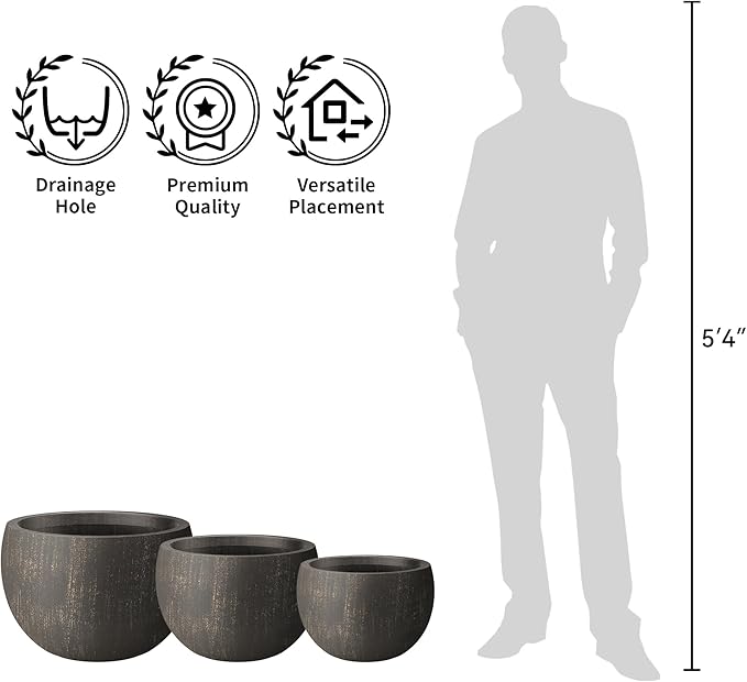 Kante 19.9" Dia Round Concrete Planter, Outdoor/Indoor Large Bowl Plant Pots with Drainage Hole and Rubber Plug for Garden Patio Balcony Home, Oil Rubbed Bronze