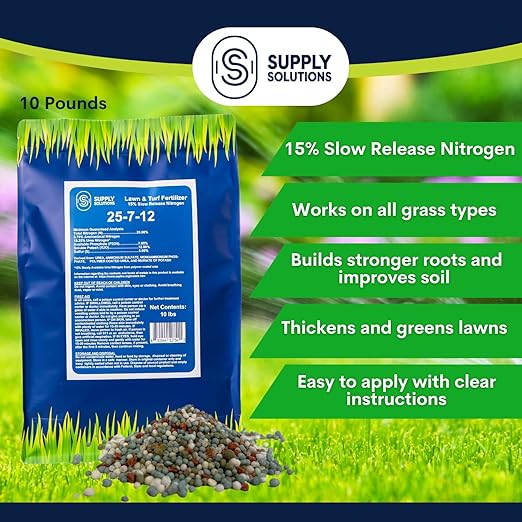 Supply Solutions 25-7-12 Lawn and Turf Fertilizer - 15% Slow Release Nitrogen Lawn Fertilizer for All Grass Types, Shrubs - Turf Builder Plant Food Covers 2,500 sq.ft (10lbs)