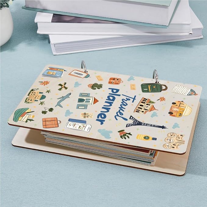 SUPERDANT Travel Planner Greeting Card Organizer Travel Journal Card Keeper Vacation Planner Cards Holder Wooden Keeper Binder Photo Album 2-Rings Cover 2-Rings Cover with Punch and 20 Inner Pockets