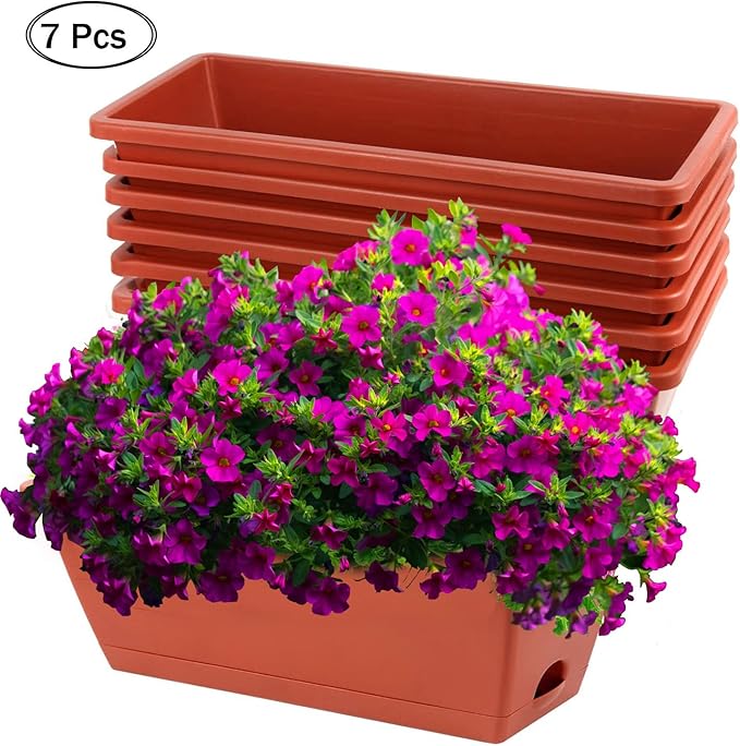 Sohapy 7 Pack Window Box Planter, 17 Inches Plastic Flower Vegetable Planters Boxes with Drainage Holes and Trays Rectangular Flower Pots for Indoor Outdoor Garden, Patio, Home Decor (7, Brick RED)