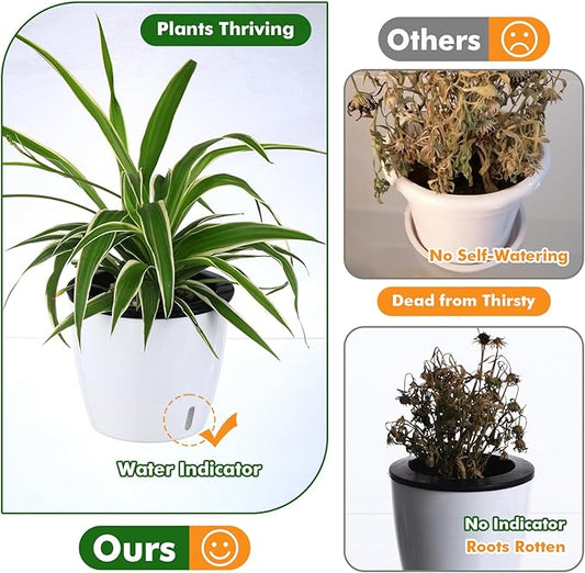 Planterhoma 6.7 Inch Self Watering Pots for Indoor Plants, 4 Packs African Violet Pots with Indicator, Black Wick Pot with Drainage Holes, Self Watering Planters for Orchid, Devil's Ivy, White