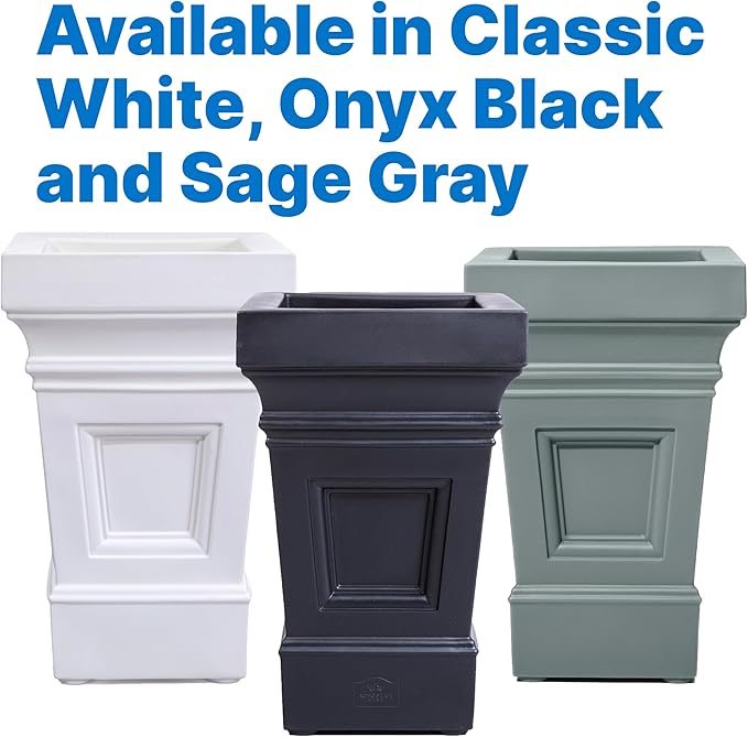 Step2 Atherton Square Planter, Large Planters for Outdoor Plants, Gardening and Flower Pot for Patio or Porch, Efficient Drainage, Durable Plastic, White, 2-Pack