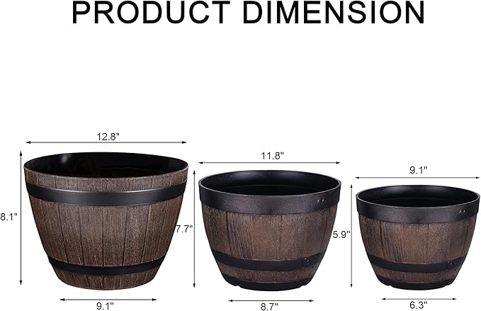 VECELO Plant Pots with Drainage Holes & Saucer, 9/11.3/13 Inch Flower Pots with Tray, 3 Pack Plastic Whiskey Barrel Planters for Indoor & Outdoor Garden Home Plants and Flowers