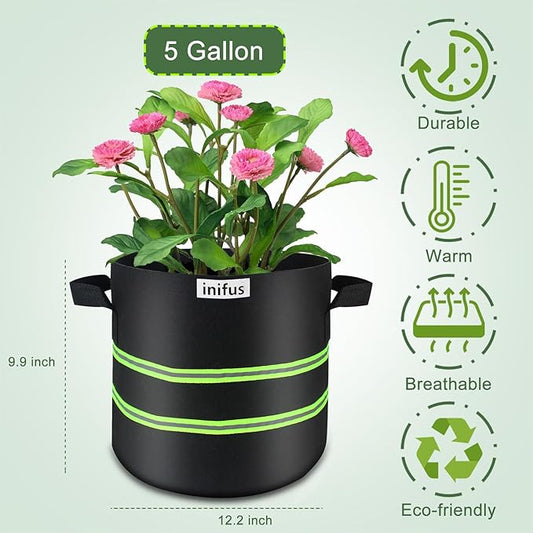 10 Pack 5 Gallon Thickened Grow Bags,Heavy Duty Aeration Nonwoven Fabric Plant Pots with Reinforced Handles Unique Design for Garden Nursery Vegetable Fruit Flower Plant Grow Bags