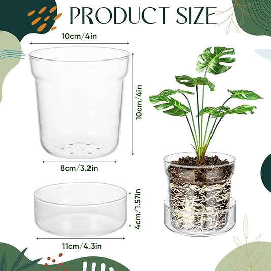 Baderke 4 Inch Glass Plant Pots with Saucer, Flower Nursery Plant Pots with Drainage for Flower Seed Starter Transparent Seedling (2 Sets)
