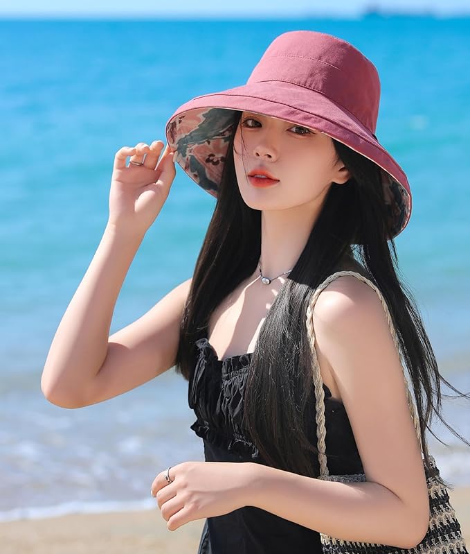 Wide Brim Women Sun Hat Summer Beach Bucket Fishing Hats Metal Wired Edge Packable UV Protection for Hiking Garden Travel