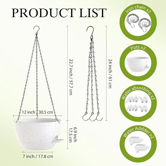 12 Inch Hanging Baskets 2 PC with Chains, Self-Watering Hanging Planters for Indoor Outdoor Plants, Plastic Hanging Flower Pots,Speckled White