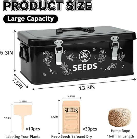 Seed Storage Box, Seed Storage Organizer with Garden String, 30 Seed Envelopes and Bamboo Plant Labels, 4 Compartments Garden Seed Organizer Box with Safety Locks, Black