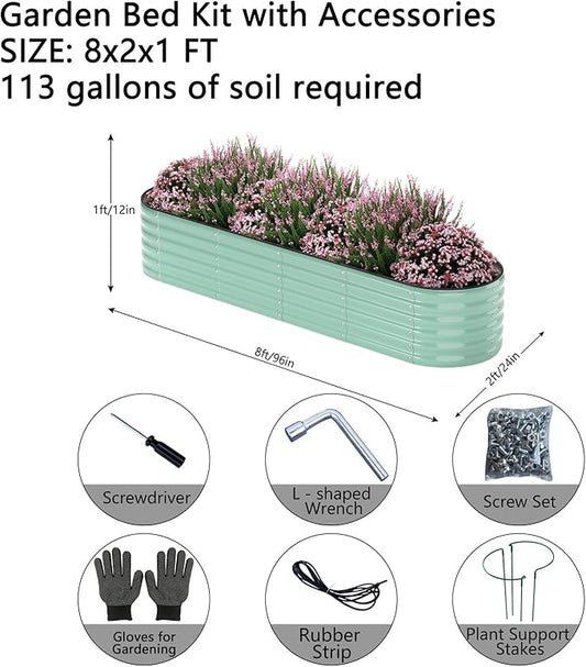 Garden Box Raised Flower Bed Galvanized Metal Planter Round Raised Garden Bed Kit for Gardening Outdoor 1PC Green 8X2X1FT