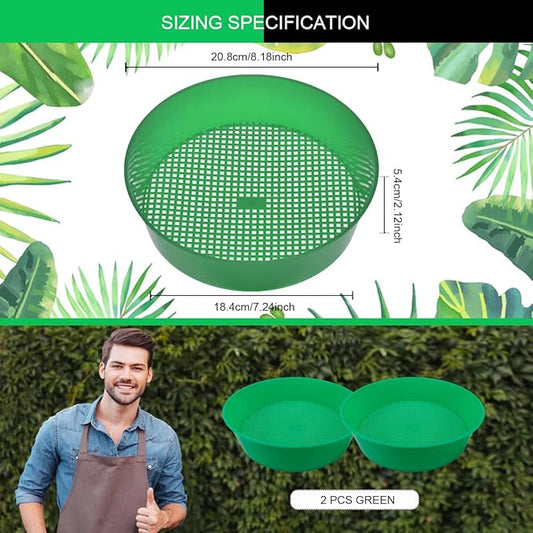 2Pcs Round Garden Soil Sieve Pan Plastic Sand Sifter Set for Sieve Work of Small Gravel, Soil, Sand(Green)