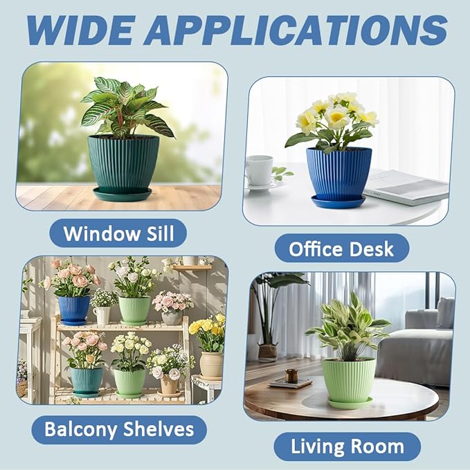 Plastic Plant Pots, 6 Pack 7.5 Inch Flower Pots with Drainage Holes and Saucer, Planters for Indoor Outdoor Plants, Stylish Decor for Home and Garden(Blue, Green, Dark Green)