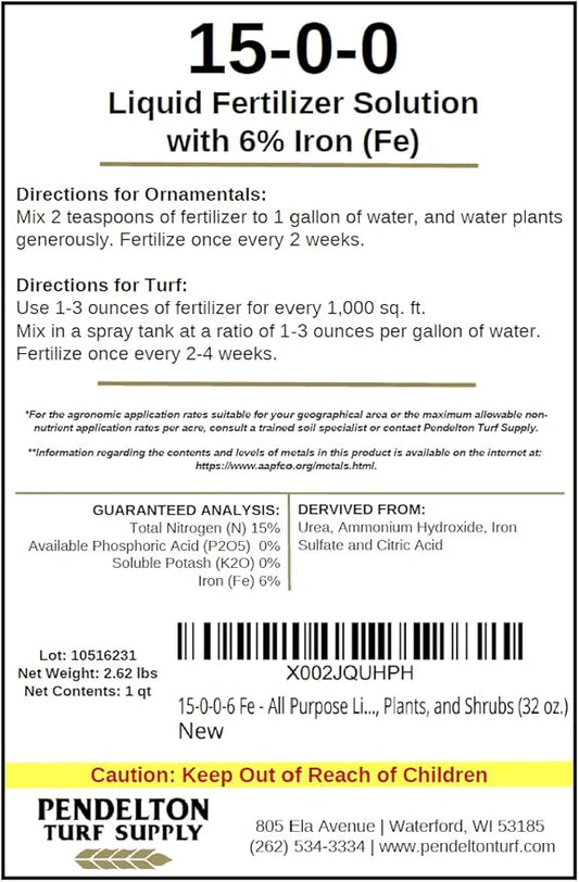 Pendelton Turf Supply Inc. 15-0-0-6 Fe All Purpose Liquid Iron Fertilizer Solution for Darker, Greener Turf, Plants, and Shrubs (32 oz.)