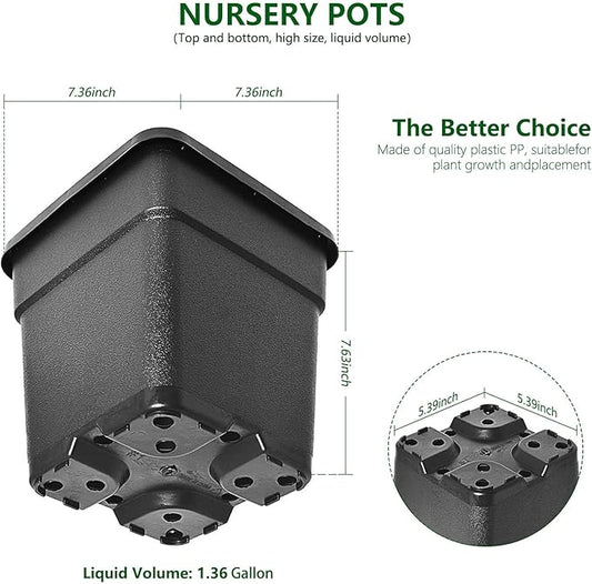 10-Pack 2 Gallon Square Planter Nursery Pots, Flower Plant Container Injection Molded Plastic Nursery Pots Gardening Pots for Indoor Outdoor Vegetables, Succulents, Black