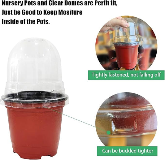 Plant Nursery Pots with Humidity Domes, 25 Sets 4 Inch Soft Nursery Pots Quality Ones (25 Red Pots + 25 Clear Lids), Seeds Starter Pots Small Planter Containers