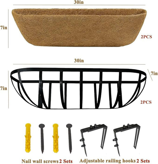 30 Inch Railing Planter Boxes 2 Pack Metal Window Box Planters with Coco Coir Liners, Horse Trough Planter with Adjustable Brackets for Deck Balcony Fence Porch Patio Outdoor Garden