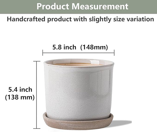 5.8 Inch Plant Pot: Ceramic Planter with Drainage Hole & Saucer for Indoor Outdoor Plants - Flowerpot with Bonded Tray for Home Office - Retro Style, Grey