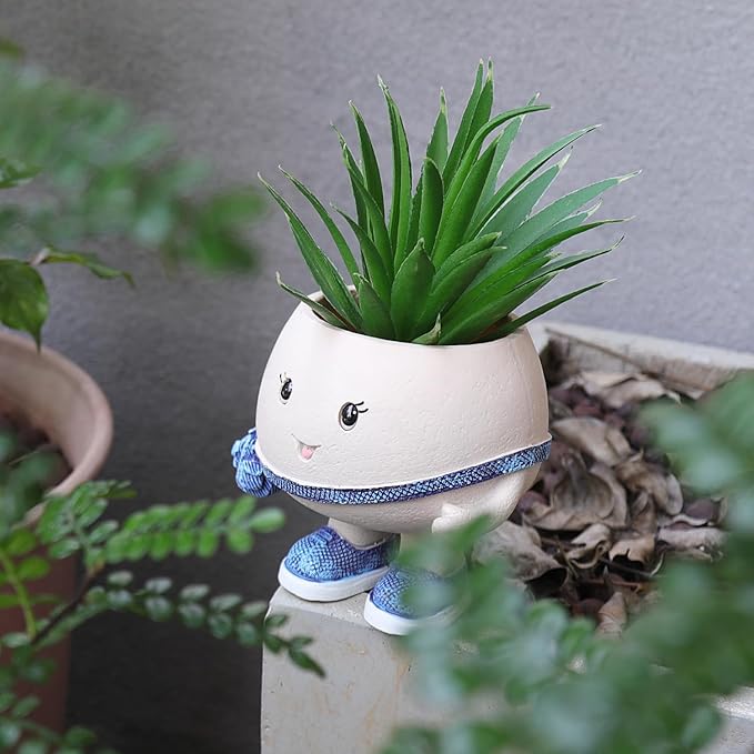 Smily Face Planter Pot with Cute Bag Resin Head Planters for String of Pearls Plant Live Unique Succulent Pots with Drainage Hole for Indoor Outdoor Plants Gift IdeaI for Mother Day