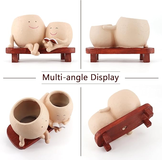 Meltset Cute Face Planter Pot - Funny Double Head Planter Sitting on Bench, Smiley Succulent Pot with Drainage Indoor and Outdoor, Unique Gift for Plant Lovers(Light Brown)