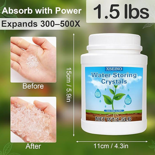 XSEINO 1.5LB Soil Moisture Crystals Water-Absorbing Hydrogel for Plants Solves Over and Under-Watering, Long-Lasting Water Retention to Keep Soil Moist Polymer Water Storage Crystals