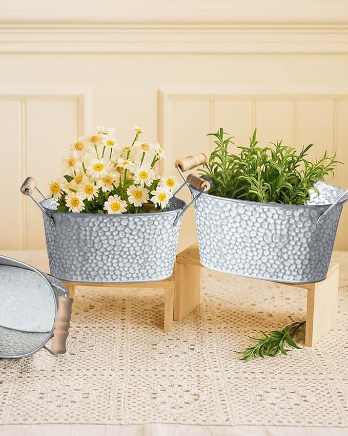 Galvanized Metal Oval Planter Buckets with Handles – Set of 3 Rustic Farmhouse Flower Tubs with Drain Holes & Plugs, Vintage Small Pots for Herbs, Succulents, Wedding or Tabletop Decor (Stone style)