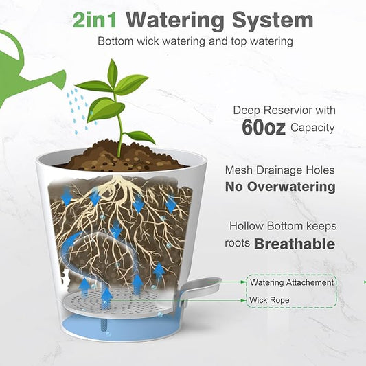 12inch Large Self Watering Plant Pot, Plastic Cylinder Planter with 60Oz Deep Reservoir and Saucer for Indoor Outdoor Plants Flowers Houseplants, White