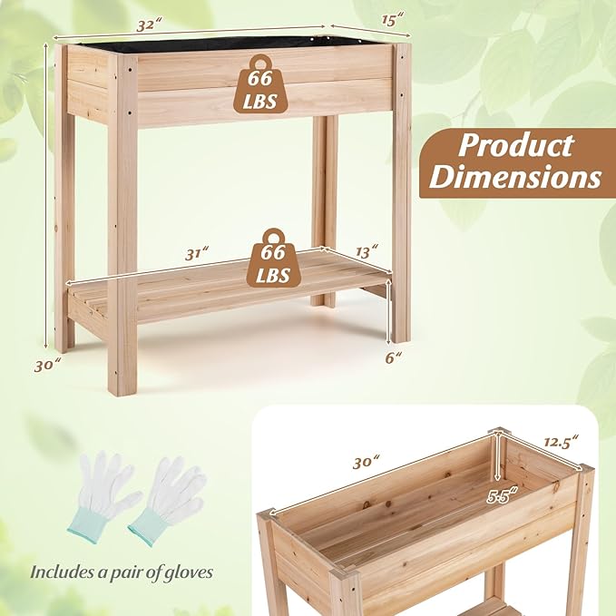 HAPPYGRILL Wooden Raised Garden Bed with Legs, Elevated Planter Box w/Storage Shelf, Drainage, Liner, Outdoor Solid Wood Gardening Box for Vegetables Herbs Flower, Backyard Patio Balcony Indoor