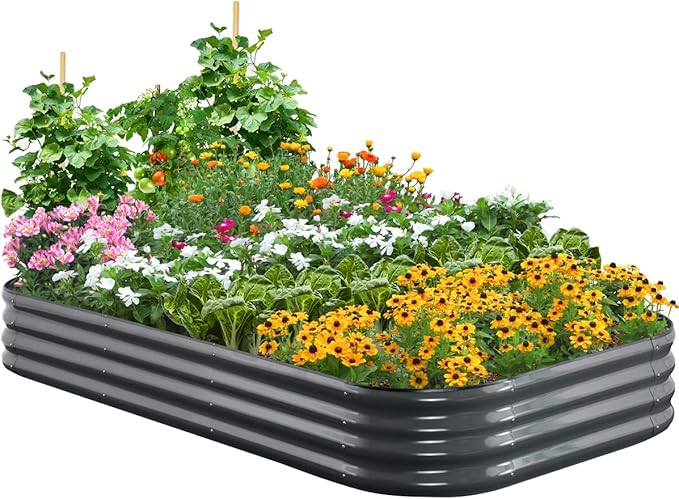 Quictent Galvanized Raised Garden Bed Kit, 8x4x1 ft Oval Metal Planter Box for Vegetables, Strengthened by Crossbar, Dark Gray, 2PCS