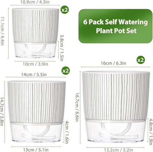 6 Pack Self Watering Pots for Indoor Plants, 4+5.5+6.3 Inch Self Watering Plant Pots Set, Flower Pots with Wick Rope and Reservoir for African Violet, Spider Plant, Orchid