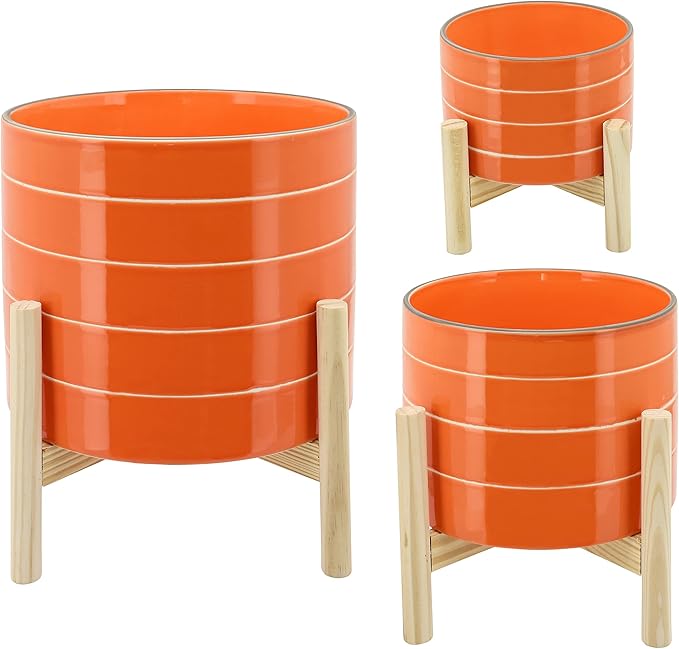 Striped Ceramic Planters with Wooden Stand as Home Decor - Flower Pots for Entryway, Patio, Tabletop, and Garden - Large Colorful Decorative Pots for Indoor and Outdoor Plants - 14", Orange & Tan